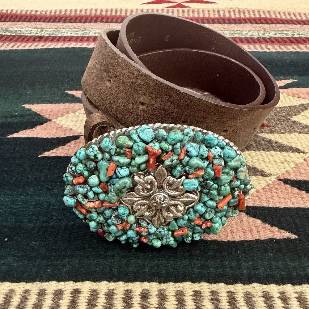 Vtg 1995 Streets Ahead Turquoise Coral Silver Brown Leather Belt Native Cowgirl